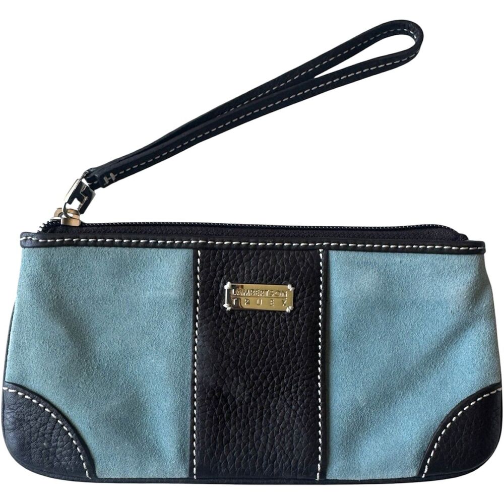 Lambertson Truex Blue Italian Suede Black Pebbled Leather Trim Wristlet Y2K